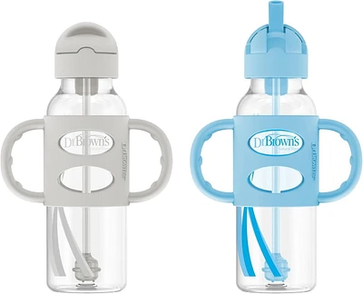 Dr. Brown's Milestones Narrow Sippy Straw Bottle, Spill-Proof with 100% Silicone Handles and Weighted Straw, 8 oz/250 mL, Grey & Blue, 6m+