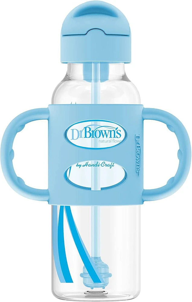 Dr. Brown's Milestones Narrow Sippy Straw Bottle, Spill-Proof with 100% Silicone Handles and Weighted Straw, 8 oz/250 mL, Grey & Blue, 6m+