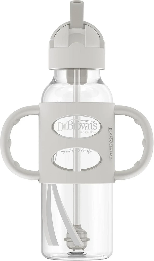 Dr. Brown's Milestones Narrow Sippy Straw Bottle, Spill-Proof with 100% Silicone Handles and Weighted Straw, 8 oz/250 mL, Grey & Blue, 6m+