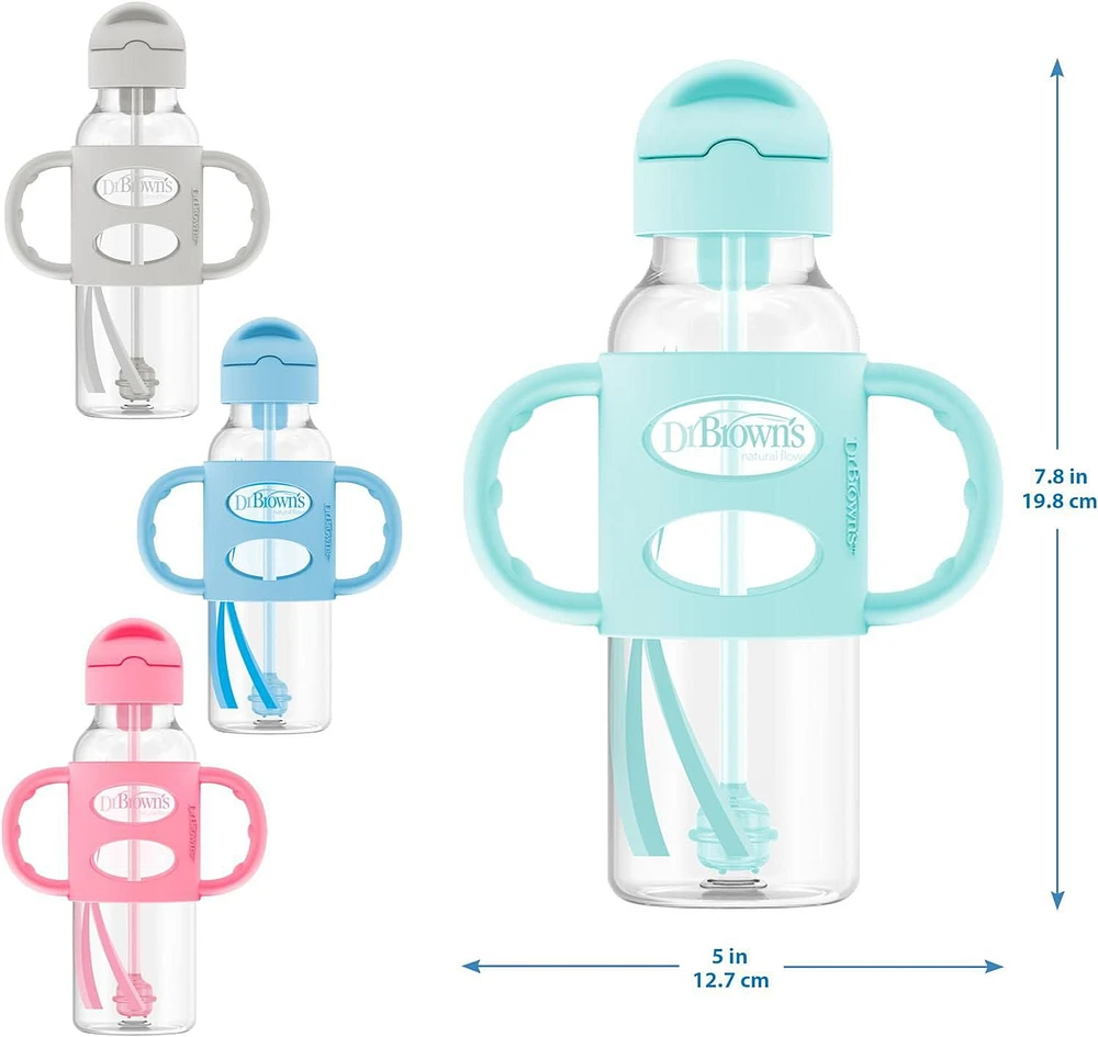 Dr. Brown's Milestones Narrow Sippy Straw Bottle, Spill-Proof with 100% Silicone Handles and Weighted Straw, 8 oz/250 mL, Grey & Blue, 6m+