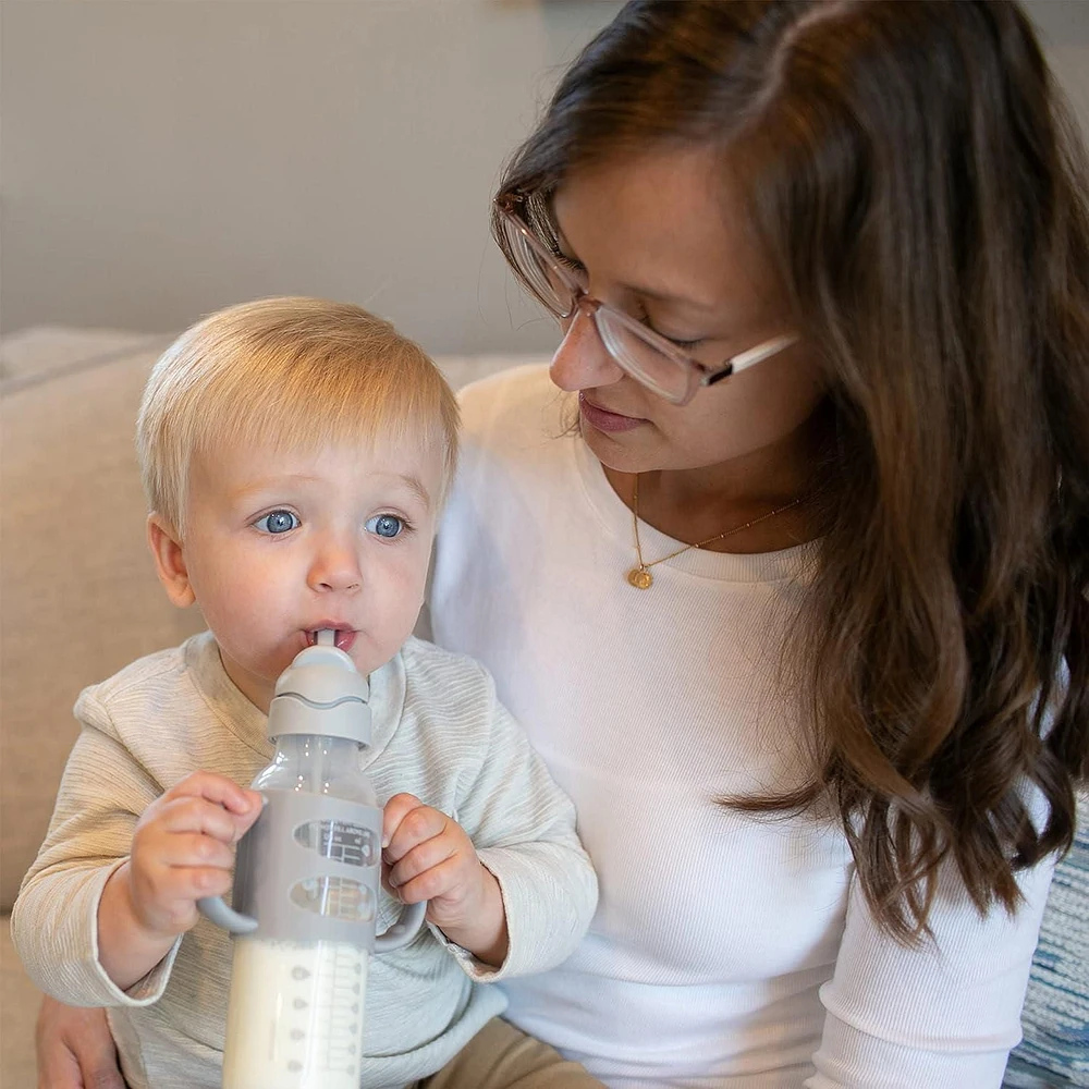 Dr. Brown's Milestones Narrow Sippy Straw Bottle, Spill-Proof with 100% Silicone Handles and Weighted Straw, 8 oz/250 mL, Grey & Blue, 6m+