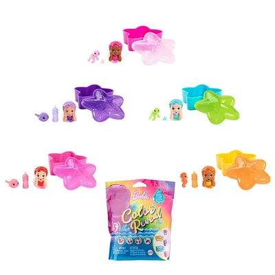 ​Barbie Color Reveal Mermaid Baby Doll with 5 Unboxing Surprises: Metallic Blue Doll; Starfish Case; Water Reveal; 3 Mystery Bags Contain Pet & 2 Accessories; Rainbow Mermaid Series; Gift for Kids 3 Years & Older