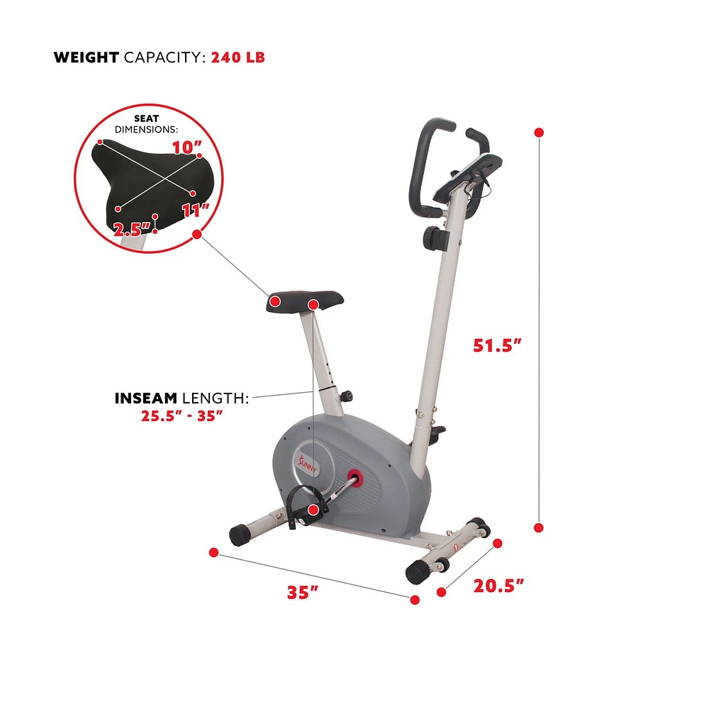 Sunny Health & Fitness Magnetic Resistance Upright Bike with Adjustable Seat, Magnetic Resistance, & Device Holder - SF-B2906