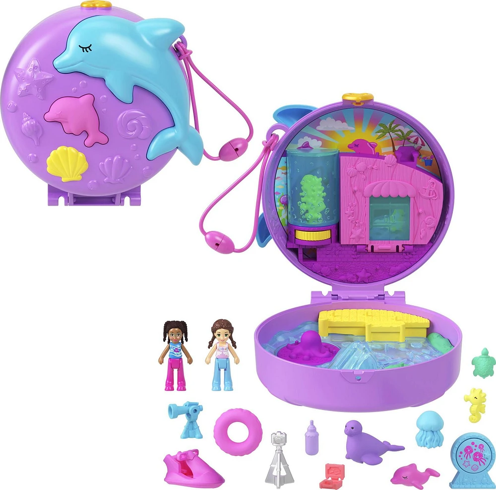 Polly Pocket Dolphin Rescue & Play Compact with 2 Micro Dolls and Sea Pets, Animal Toy with Ocean Accessories