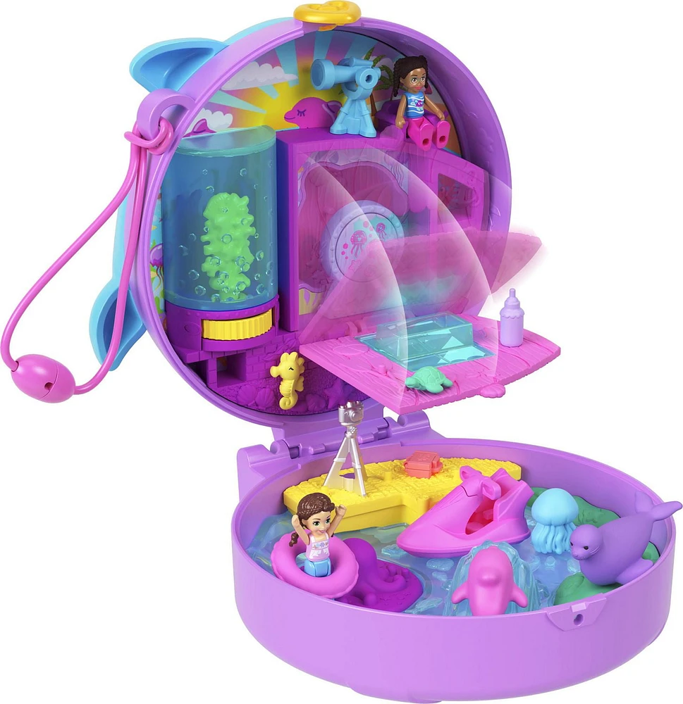 Polly Pocket Dolphin Rescue & Play Compact with 2 Micro Dolls and Sea Pets, Animal Toy with Ocean Accessories