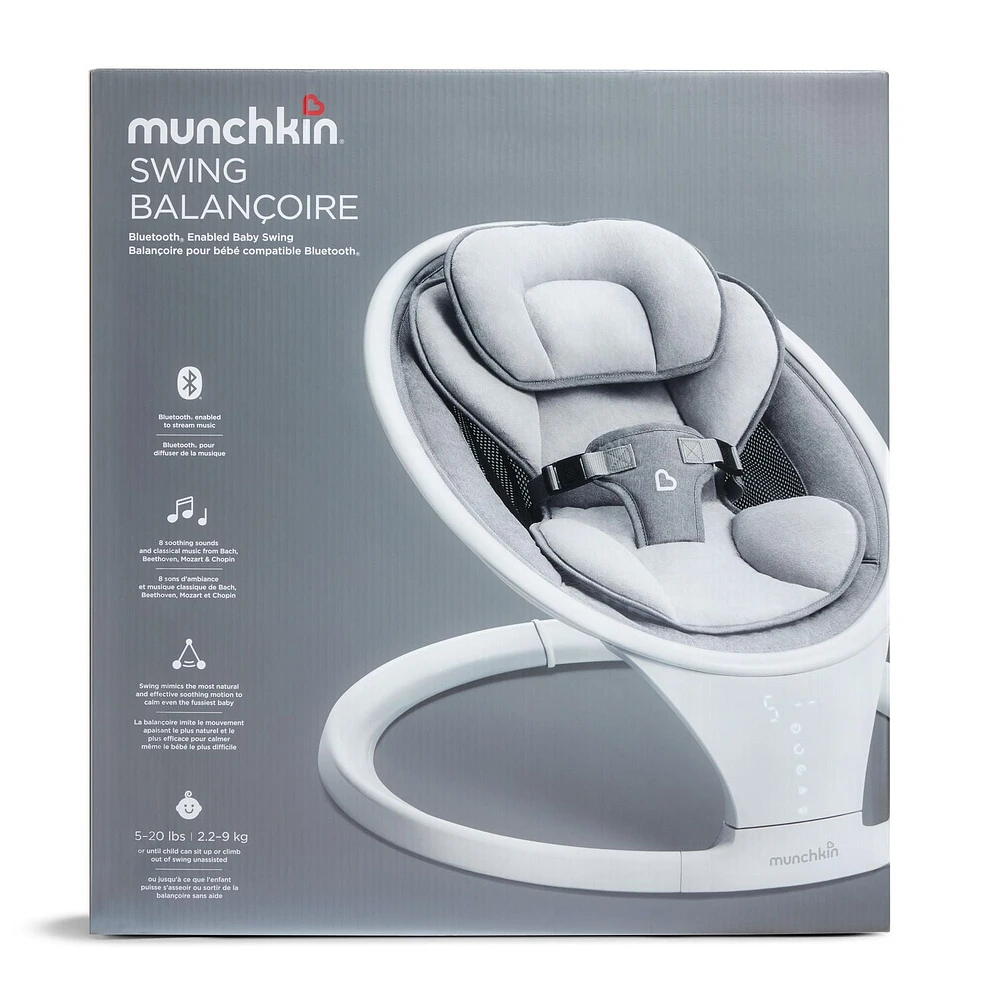 Munchkin Bluetooth Enabled Lightweight Baby Swing with Natural Sway in 5 Ranges of Motion, Includes Remote Control, Baby Swing