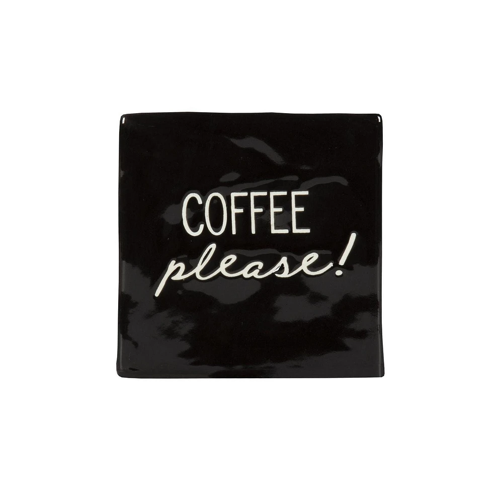 Linden “Coffee Please!” Porcelain Tabletop Square Art Plaque, 4.1in W x 4in H x 1.4in D