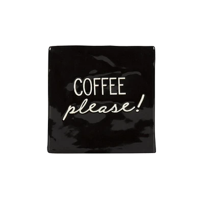 Linden “Coffee Please!” Porcelain Tabletop Square Art Plaque, 4.1in W x 4in H x 1.4in D