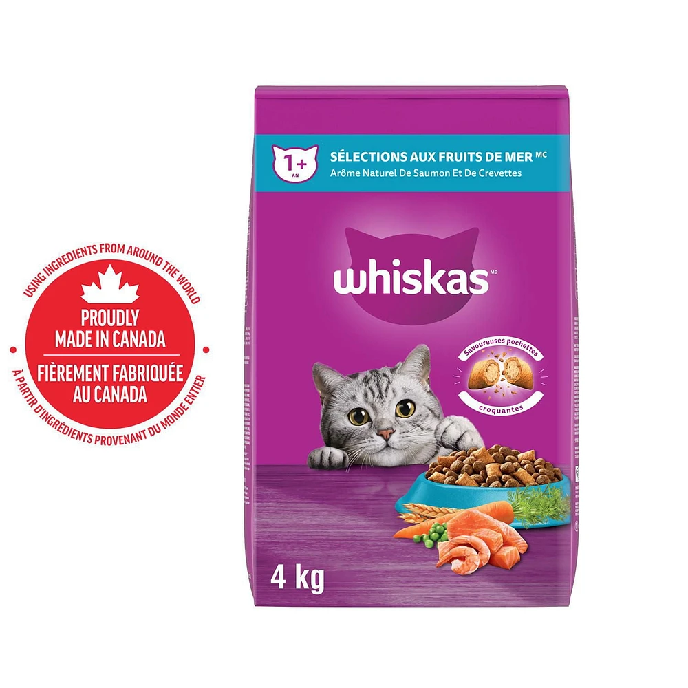 Nourriture sèche pour chats adultes WHISKAS Sélections aux fruits de mer avec arôme naturel de saumon et de crevettes 2- 9,1 kg