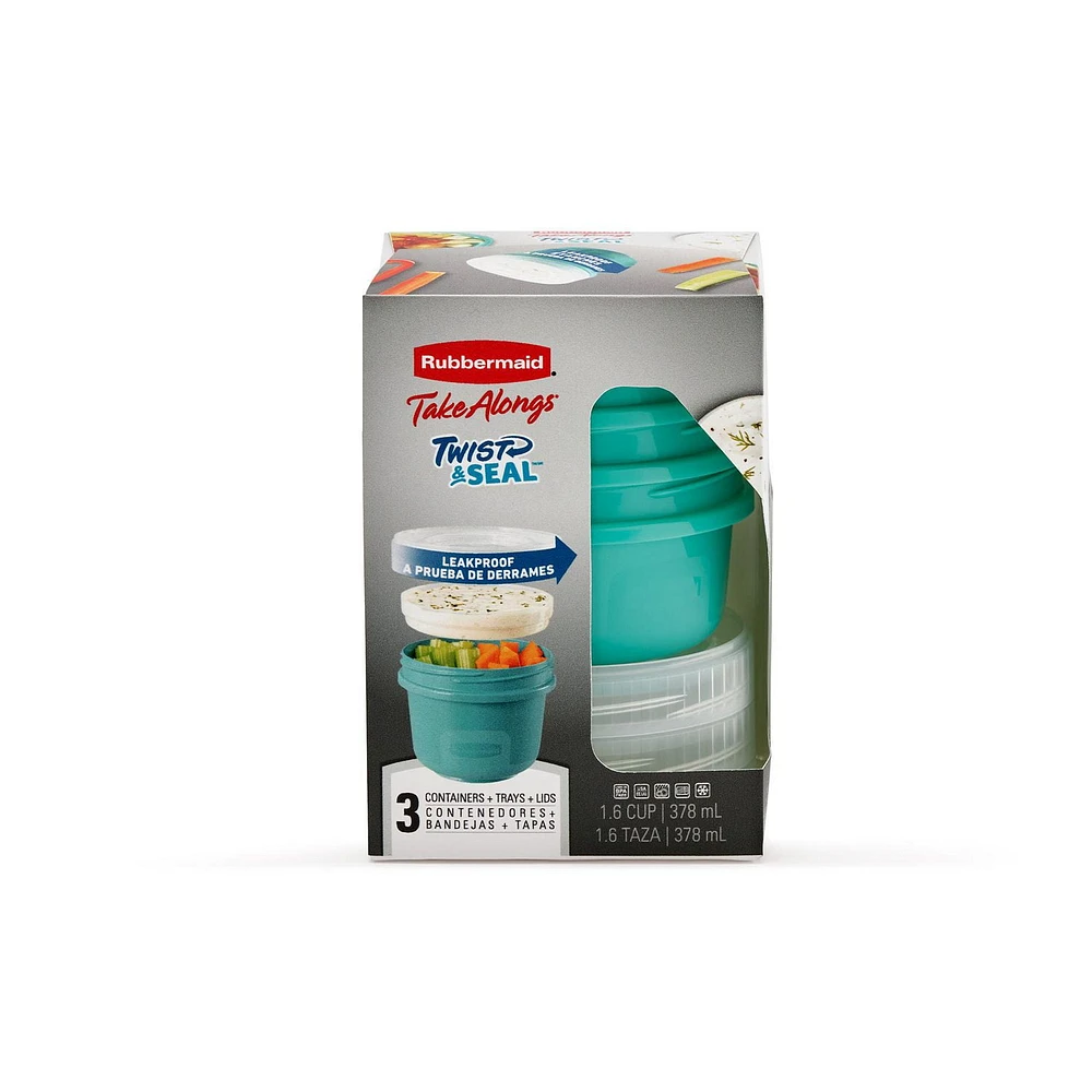 Rubbermaid TakeAlongs Twist & Seal Food Storage Containers, 1.6-cup, Teal Splash, 3-Pack, 378mL