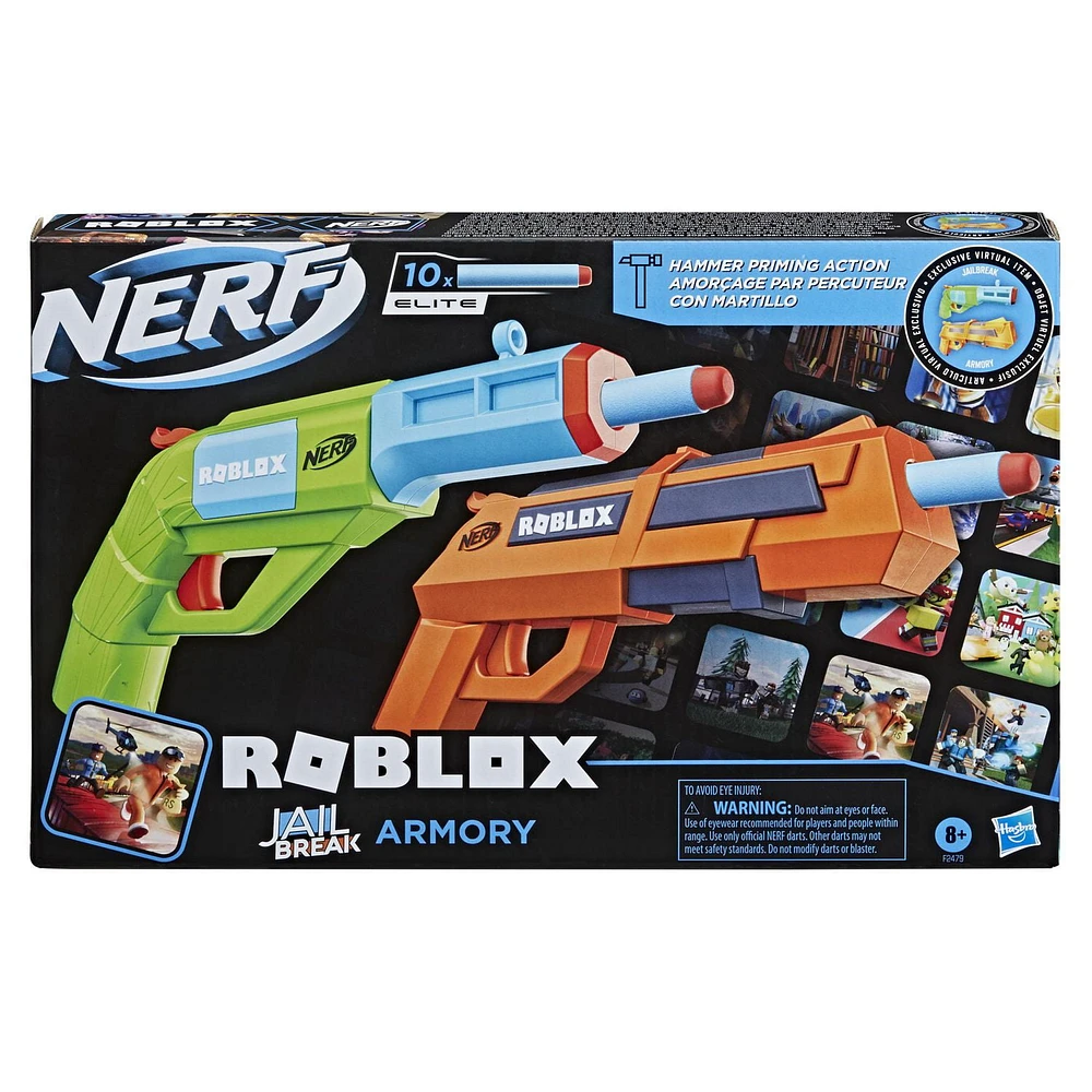 Nerf Roblox Jailbreak: Armory, Includes 2 Hammer-Action Blasters, 10 Nerf Elite Darts, Code To Unlock In-Game Virtual Item