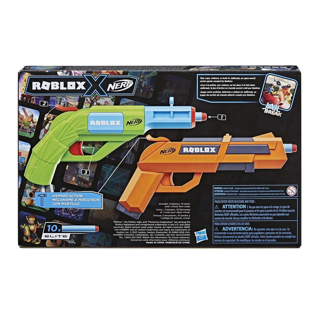 Nerf Roblox Jailbreak: Armory, Includes 2 Hammer-Action Blasters, 10 Nerf Elite Darts, Code To Unlock In-Game Virtual Item