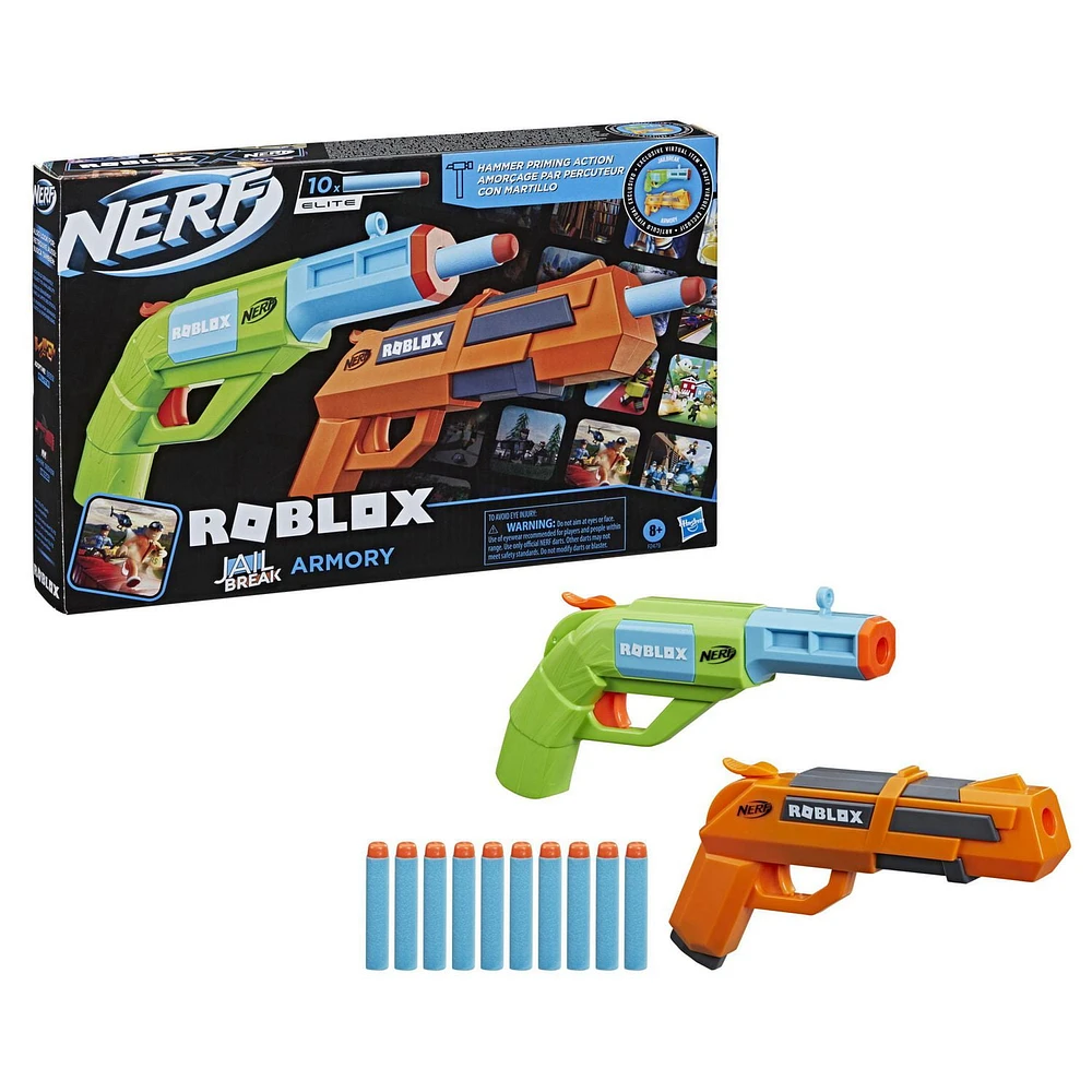 Nerf Roblox Jailbreak: Armory, Includes 2 Hammer-Action Blasters, 10 Nerf Elite Darts, Code To Unlock In-Game Virtual Item