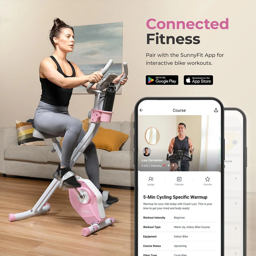 Sunny Health & Fitness Foldable Pink Magnetic Exercise X-Bike Pro, 300LB Capacity, Low-Impact, 14-Level Resistance, Ergonomic Support, SunnyFit® App Enhanced Bluetooth Connectivity - P2320