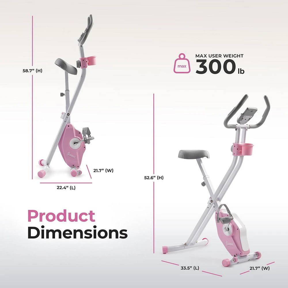 Sunny Health & Fitness Foldable Pink Magnetic Exercise X-Bike Pro, 300LB Capacity, Low-Impact, 14-Level Resistance, Ergonomic Support, SunnyFit® App Enhanced Bluetooth Connectivity - P2320