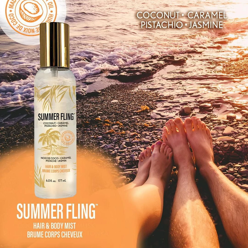 Summer Fling Body & Hair Mist, 6.0 fl. oz./177 mL, Features top notes of pistachio and coconut.