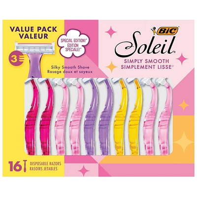 BIC Soleil Simply Smooth Women's Disposable Razors, 3 Blades With Moisture Strip For a Silky Smooth Shave, 16-Count, 16 Count