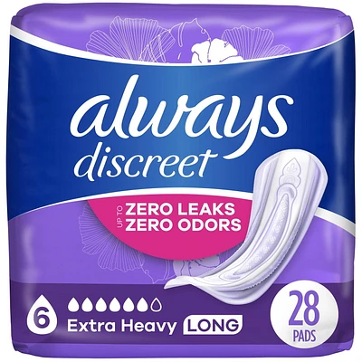 Always Discreet Adult Incontinence Pads for Women, Extra Heavy Absorbency, Long Length, Postpartum Pads, 28CT