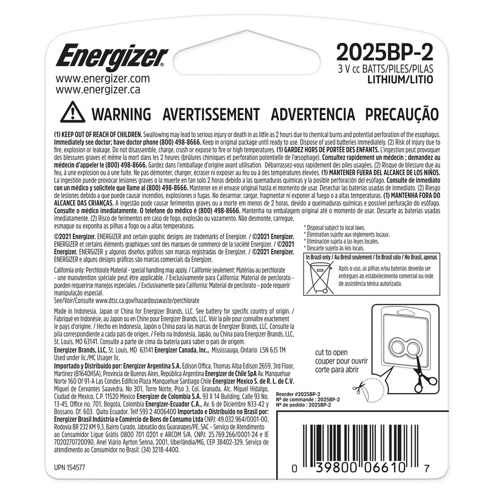 Energizer 2025 Batteries (2 Pack), 3V Lithium Coin Batteries, Batteries 3V Lithium Coin