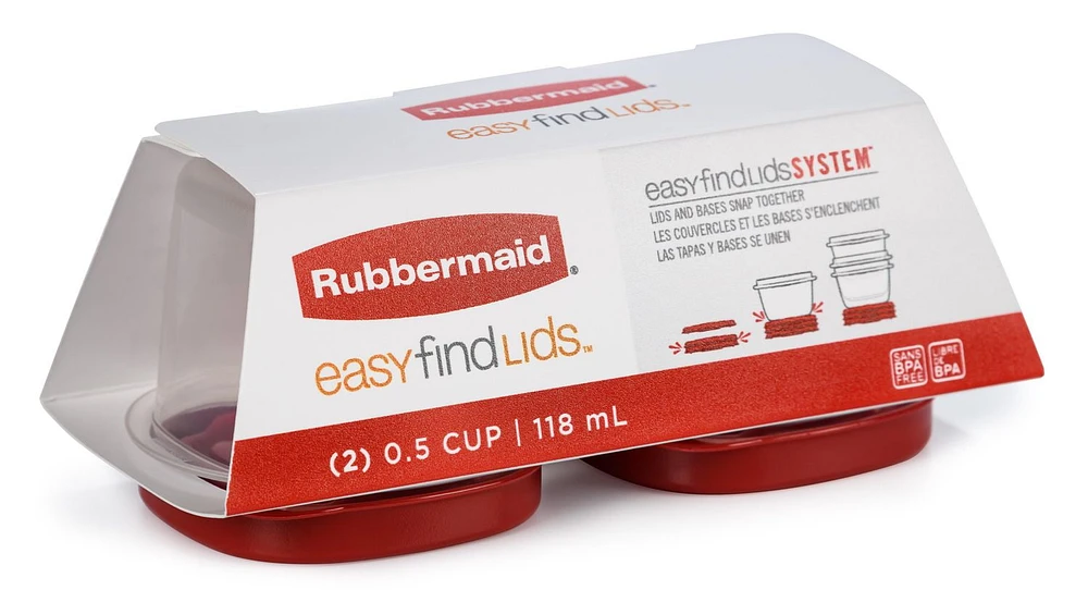 Rubbermaid EasyFindLids Food Storage Containers, 118 mL (0.5 Cup), Ruby Red, 2 Pack