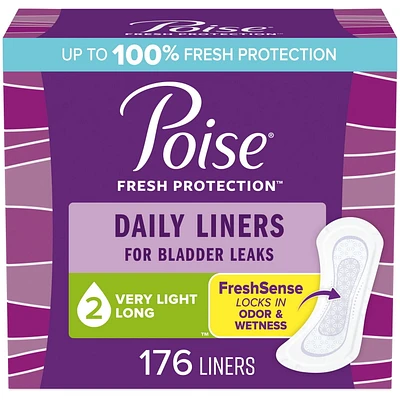 Poise Daily Incontinence Panty Liners, Very Light Absorbency, Long, 176 Count (4 Packs of 44) (Packaging May Vary)