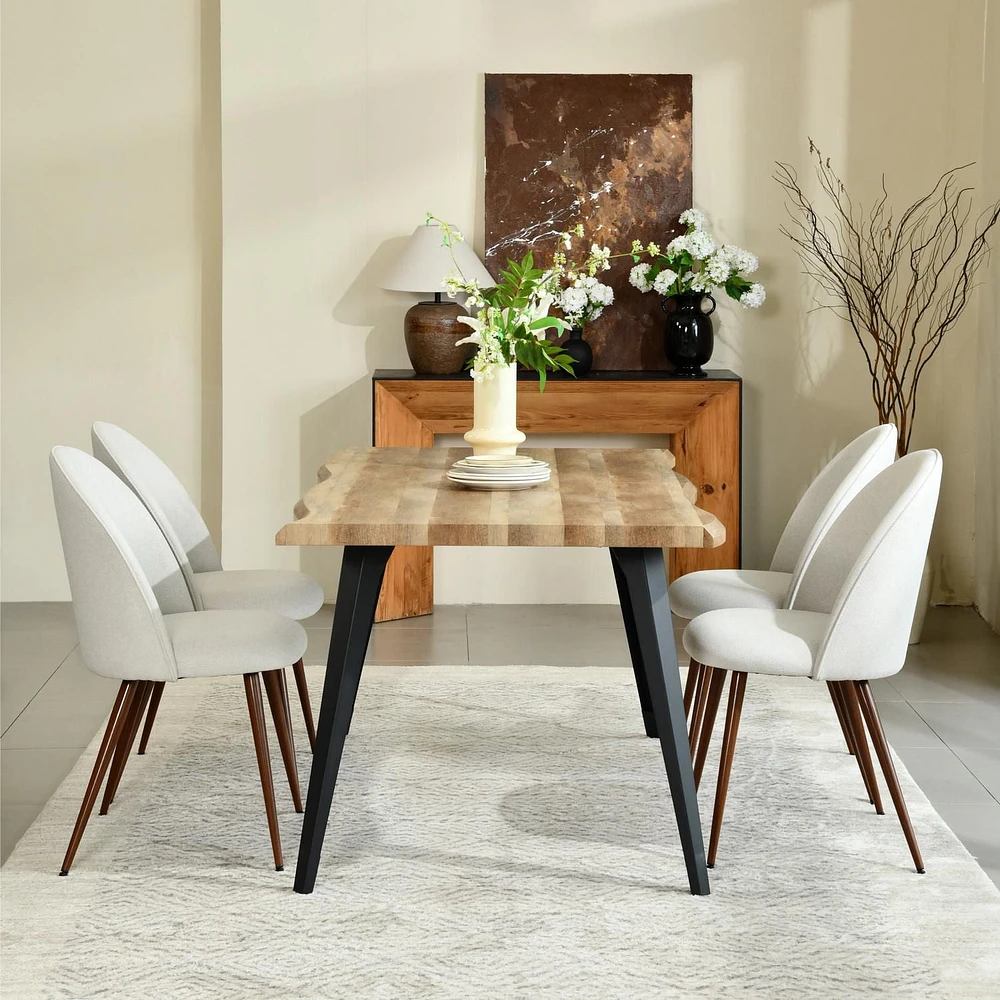 Homy Casa 63 Inch Dining Table Set with 1 Table and 4 Chairs - Modern Wave Design Tabletop Dining Room Set with High-Back Chairs, Natural/Walnut, Beige/Grey/Brown Upholstery