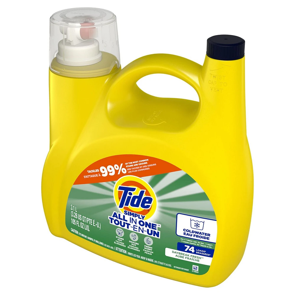 Tide Simply Liquid Laundry Detergent, Daybreak Fresh Scent, All-In-One Detergent, 3.1L