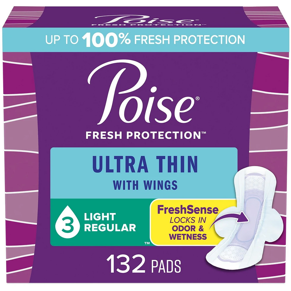 Poise Ultra Thin Postpartum Incontinence Pads with Wings, Light Absorbency, Regular Length, 132 Count