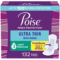 Poise Ultra Thin Postpartum Incontinence Pads with Wings, Light Absorbency, Regular Length, 132 Count