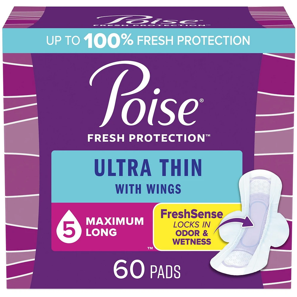 Poise Ultra Thin Postpartum Incontinence Pads with Wings, Maximum Absorbency, 60 Count
