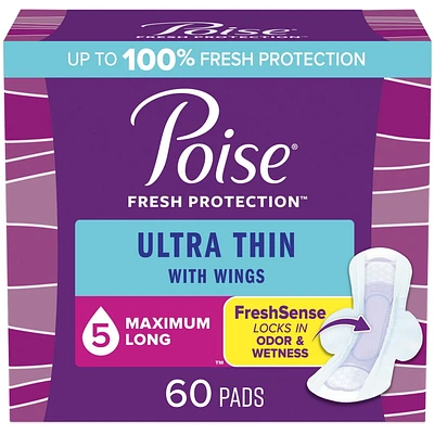 Poise Ultra Thin Postpartum Incontinence Pads with Wings, Maximum Absorbency, 60 Count