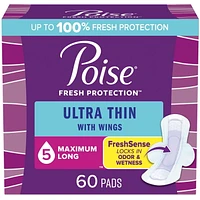 Poise Ultra Thin Postpartum Incontinence Pads with Wings, Maximum Absorbency, 60 Count