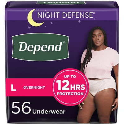 Sous-vêtements d’incontinence pour adultes Depend Night Defense pour femmes, jetables, de nuit, grand, roses, 56 unités (l’emballage peut différer)