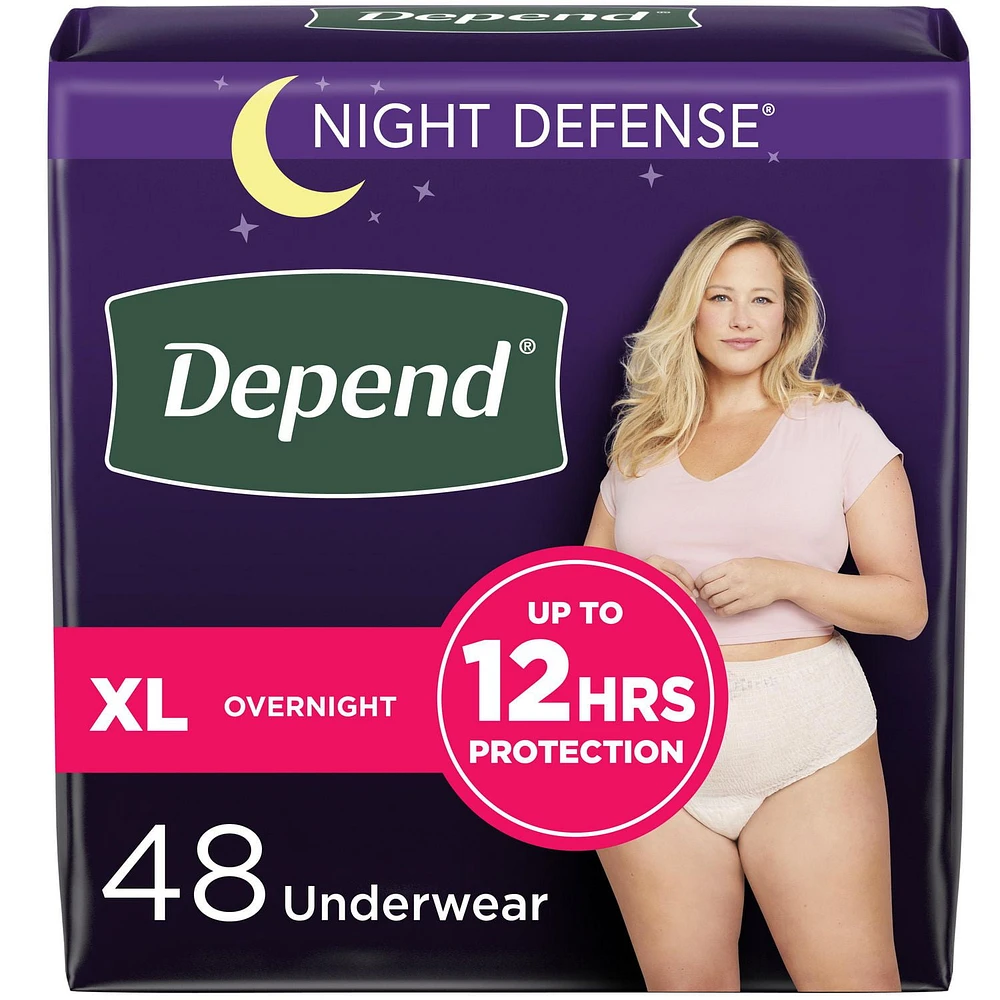 Sous-vêtements d’incontinence pour adultes Depend Night Defense pour femmes, jetables, de nuit, très grand, roses, 48 unités (l’emballage peut différer)
