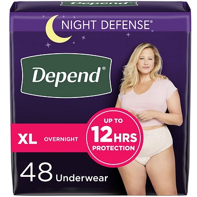 Sous-vêtements d’incontinence pour adultes Depend Night Defense pour femmes, jetables, de nuit, très grand, roses, 48 unités (l’emballage peut différer)