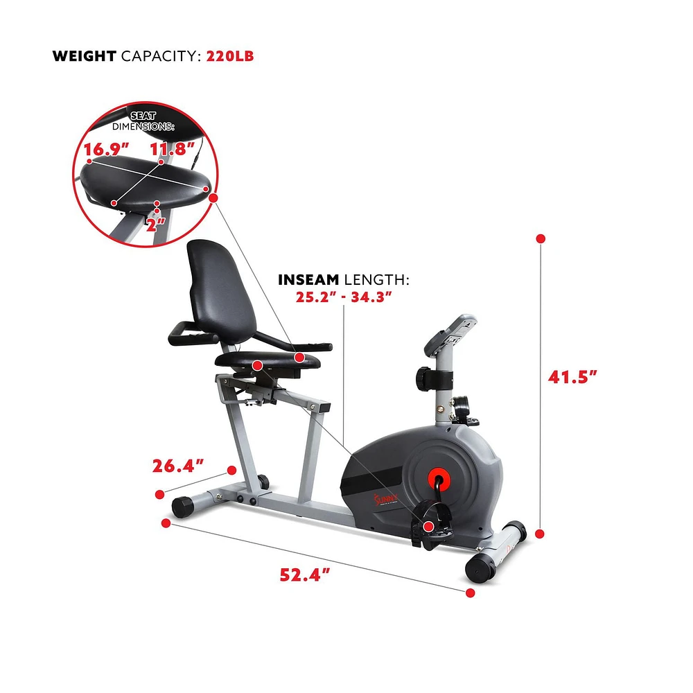 Sunny Health & Fitness Essential Interactive Series Recumbent Bike – SF-RB422903