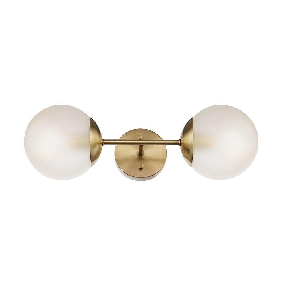 Globe Electric Celestia 2-Light Metal Wall Sconce, Matte Brass, Frosted Glass Shades, 51726