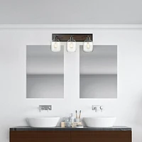 Globe Electric Williamsburg 3-Light Metal Vanity Light, Matte Black, Faux Wood Accent, Clear Glass Shades, 51708