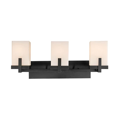 Globe Electric Helena 3-Light Metal Vanity Light, Dark Bronze, Square Off-White Frosted Glass Shades, 51246