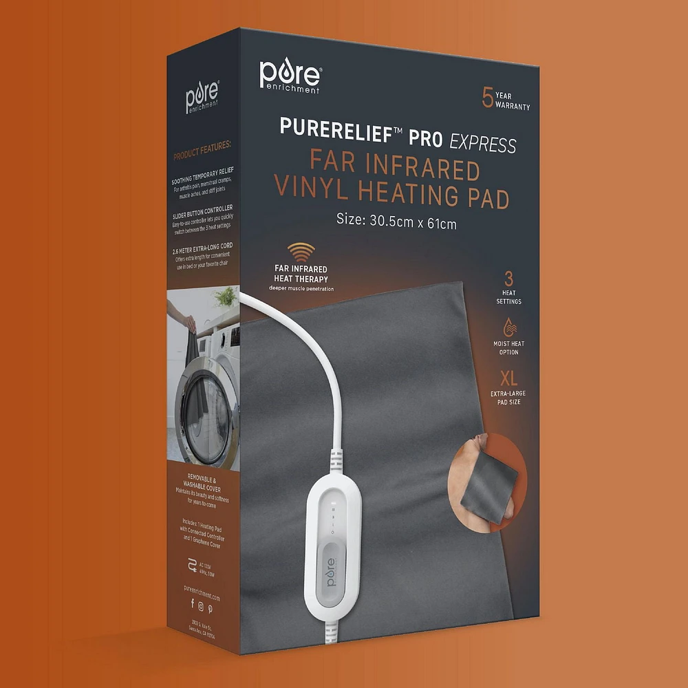 Pure Enrichment® Pro Express XL Coussin chauffant en vinyle à infrarouge lointain – Soulagement musculaire plus profond pour le dos, le cou, les bras, les jambes, 3 réglages de chaleur, housse en graphène amovible et lavable, 30,5 cm x 61 cm (gris)