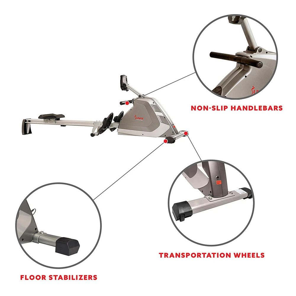 Sunny Health & Fitness Magnetic Rowing Machine Rower with High Weight Capacity, Dual Resistance, Programmable Monitor and Aluminum Slide Rail - SF-RW5854