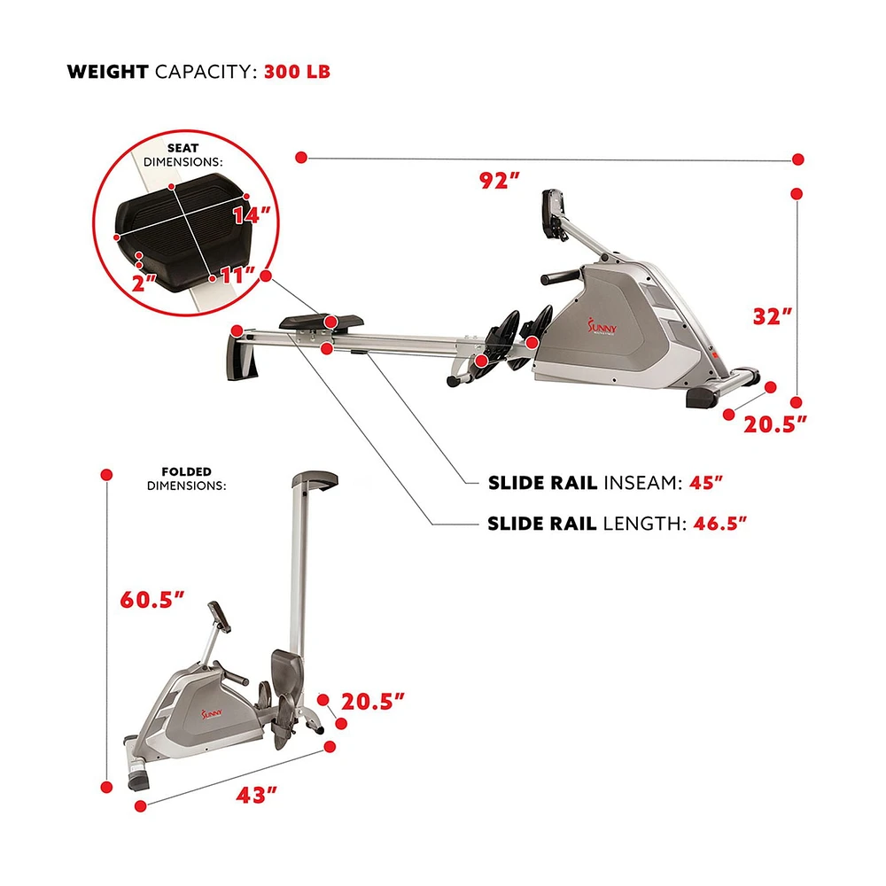 Sunny Health & Fitness Magnetic Rowing Machine Rower with High Weight Capacity, Dual Resistance, Programmable Monitor and Aluminum Slide Rail - SF-RW5854