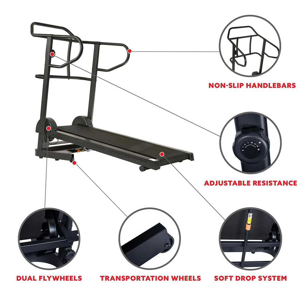 Sunny Health & Fitness Force Fitmill Manual Treadmill with High Weight Capacity, 16 Levels of Resistance and Dual Flywheel - SF-T7723