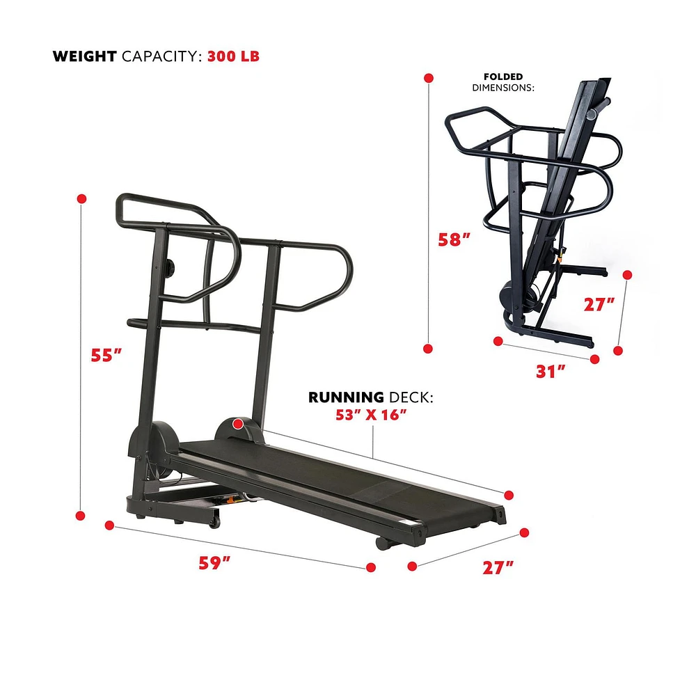 Sunny Health & Fitness Force Fitmill Manual Treadmill with High Weight Capacity, 16 Levels of Resistance and Dual Flywheel - SF-T7723