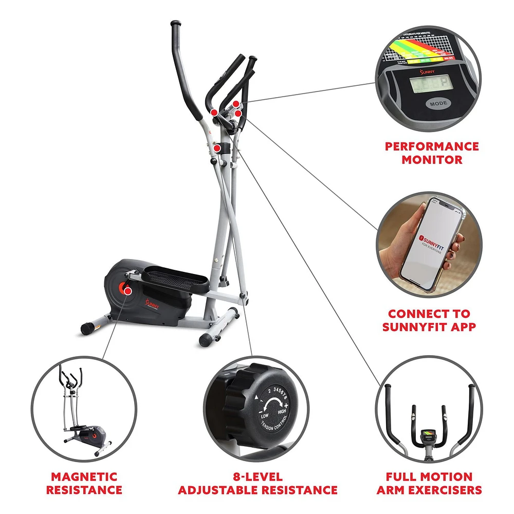 Sunny Health & Fitness Essentials Series Magnetic Smart Elliptical with Exclusive SunnyFit® App Enhanced Bluetooth Connectivity - SF-E322902