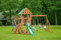 Mountain View Playset with Tarp Roof, Monkey Bars, Climbing Wall & Slide