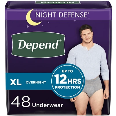 Depend Night Defense Adult Incontinence Underwear for Men, Disposable, Overnight, Extra-Large, Grey, 48 Count (Packaging May Vary)