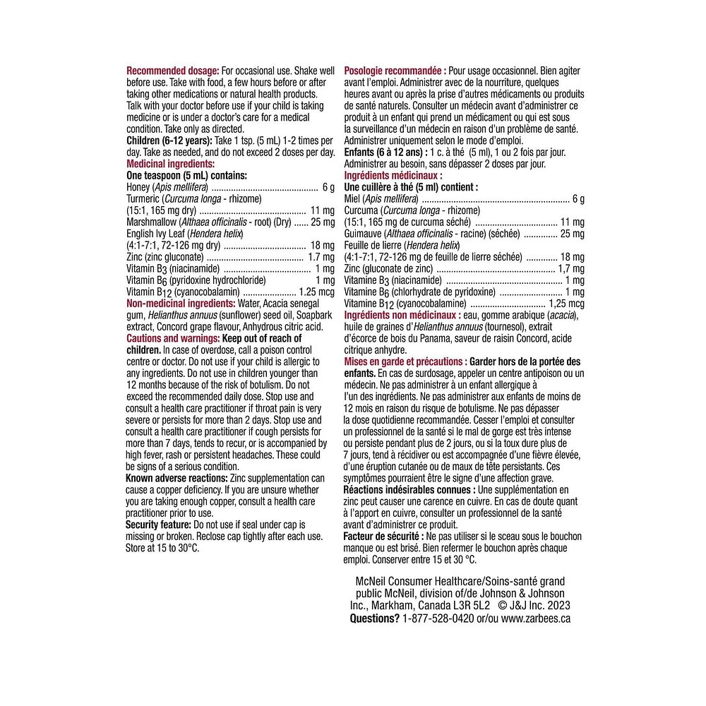 Zarbee's Sirop Complet Toux + Rhume pour enfants, zinc, miel, curcuma, racine de guimauve, vitamines B, feuille de lierre 118 ml