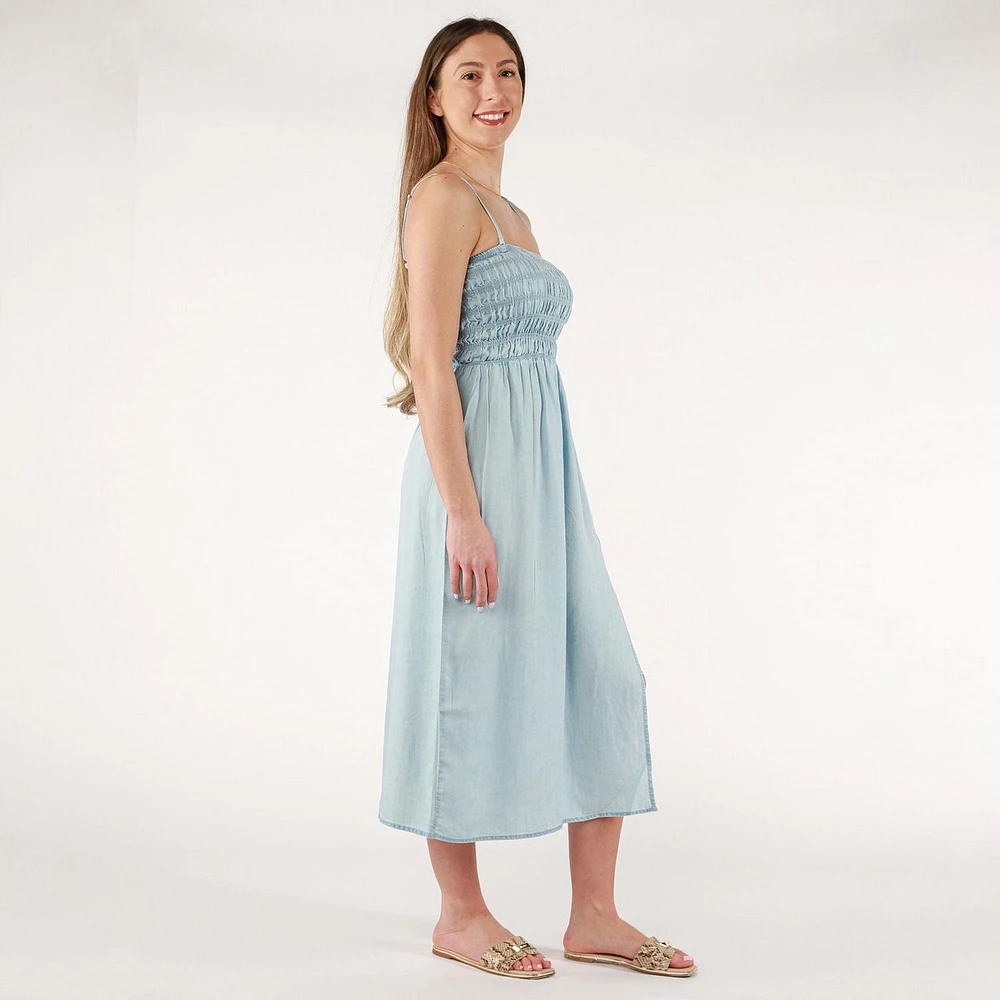DV Strapless smocked bodice midi dress