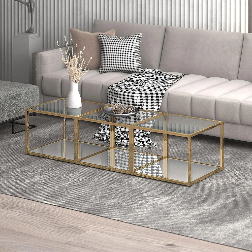 Contemporary Metal and Glass Small Coffee Table Set of 3 - Gold